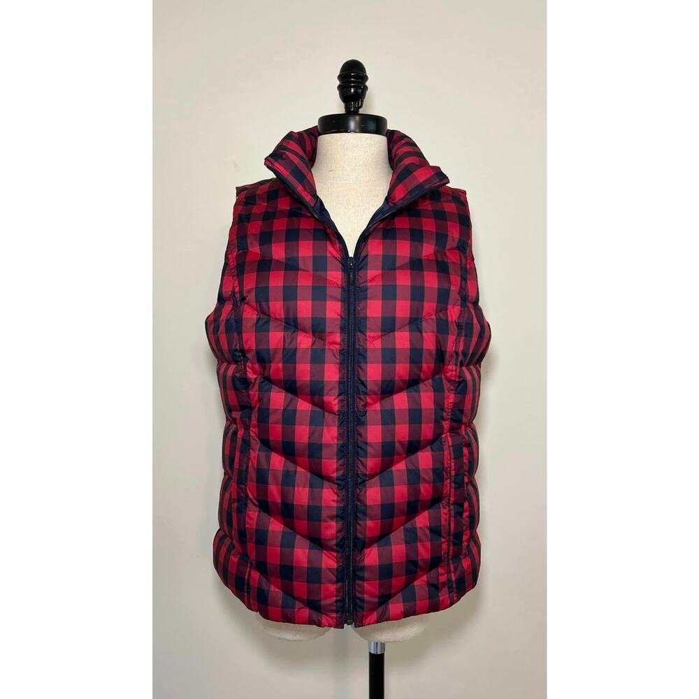 LANDS' END Navy Blue Red Plaid Puffer Vest Polyester Down Casual Womens M 10-12